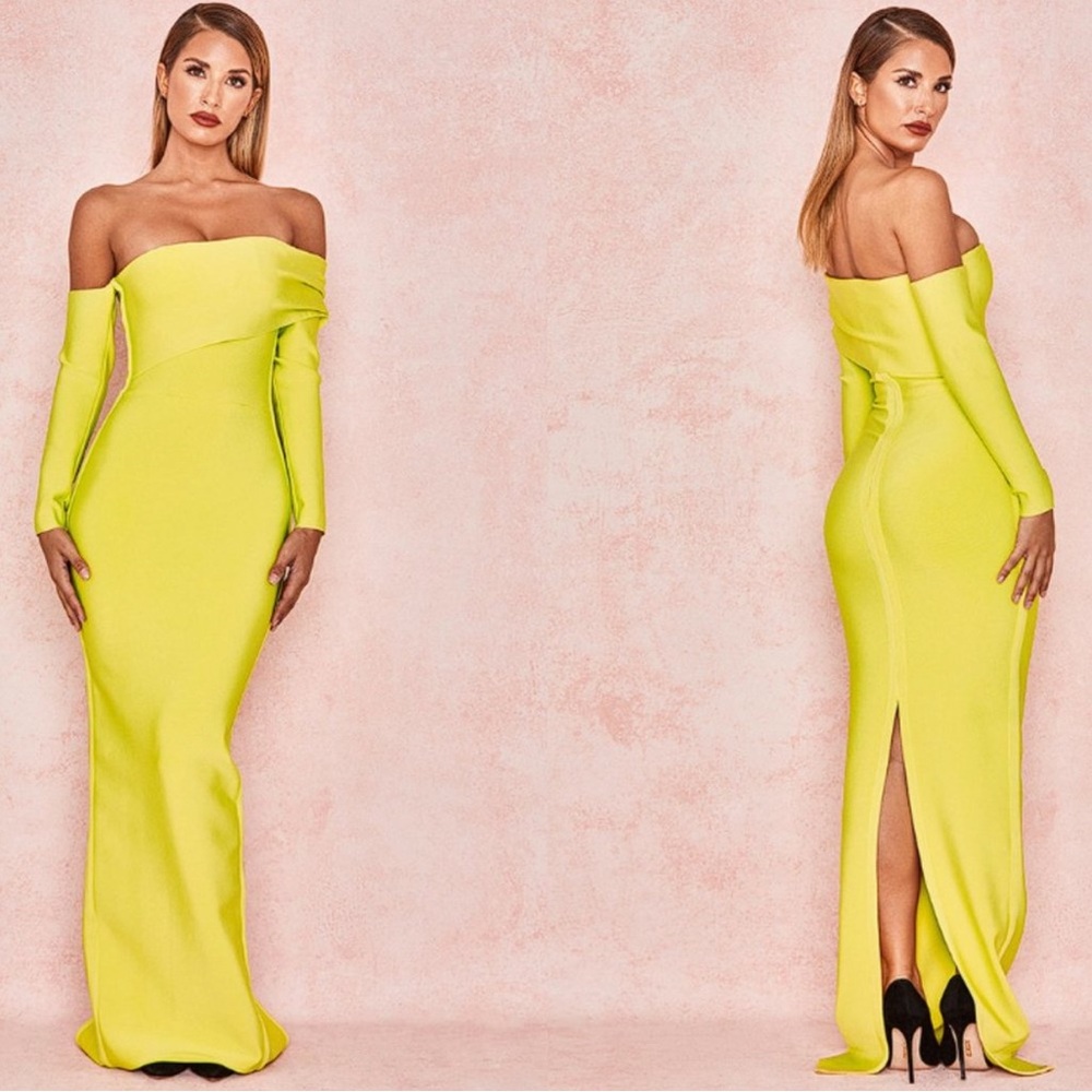 RARE House of CB 'Nalani' Chartreuse Draped Shoulder Maxi Bandage Dress